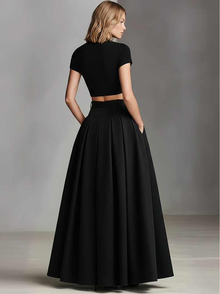 Women's Black Stretch-Knit & Woven Set With Cropped Top & Maxi Dress, Timeless Sleek-Chic Style Set (without Belt) MDZ1412A1I