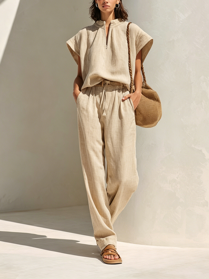 Women's Minimalist Light Brown Linen Set: Zip-Up Stand-Collar Top With Cap Sleeves And Tie-Waist Wide-Leg Pants MDZ2216E6ZJW