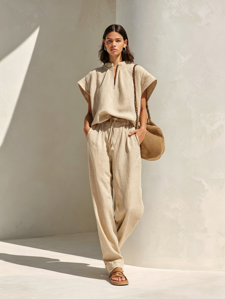 Women's Minimalist Light Brown Linen Set: Zip-Up Stand-Collar Top With Cap Sleeves And Tie-Waist Wide-Leg Pants MDZ2216E6ZJW