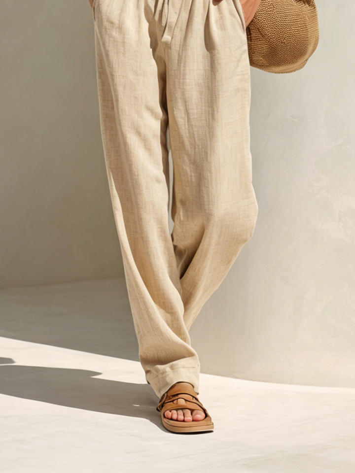 Women's Minimalist Light Brown Linen Set: Zip-Up Stand-Collar Top With Cap Sleeves And Tie-Waist Wide-Leg Pants MDZ2216E6ZJW