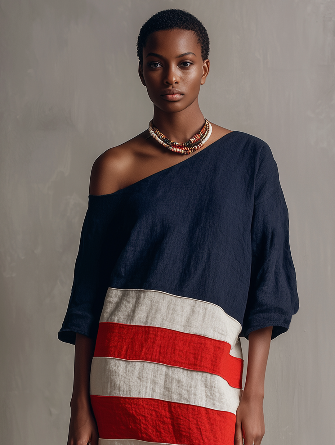 Women's Minimalist Color-Block Linen-Blend One-Shoulder Mini Dress With Mid-Length Sleeves MDZ2512E8Y