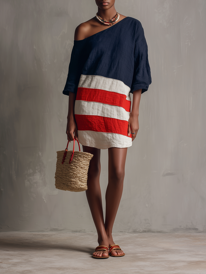 Women's Minimalist Color-Block Linen-Blend One-Shoulder Mini Dress With Mid-Length Sleeves MDZ2512E8Y