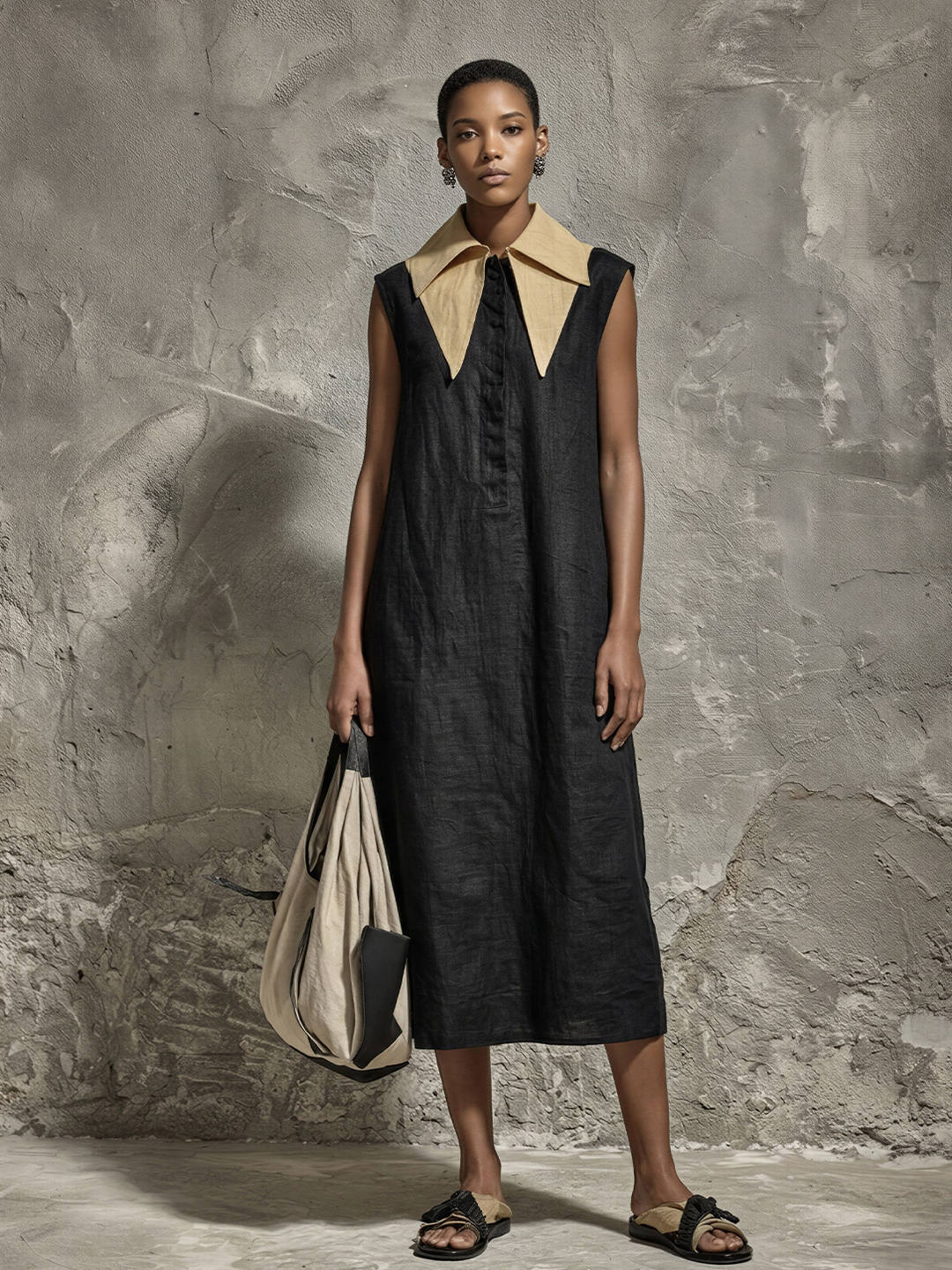 Women's Minimalist Black Linen-Cotton Contrast Point Collar Half-Placket Sleeveless Straight Midi Dress MDZ2636E2GMJ