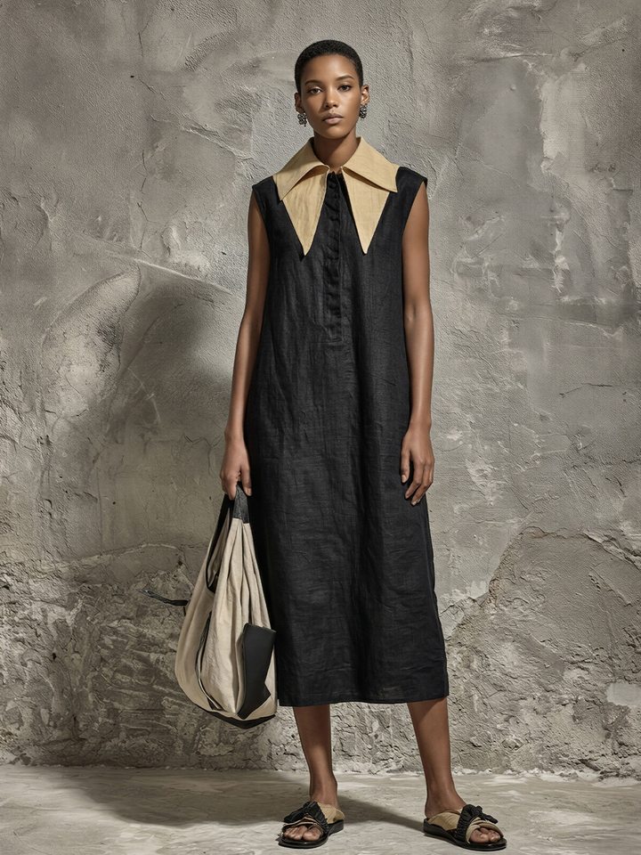 Women's Minimalist Black Linen-Cotton Contrast Point Collar Half-Placket Sleeveless Straight Midi Dress MDZ2636E2GMJ