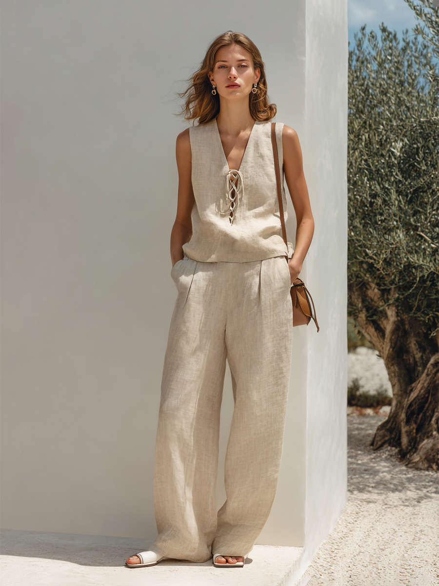 Women’s Minimalist Linen Lace-Up Sleeveless Top & Wide-Leg Pants Set MDZ2776E3ZRK