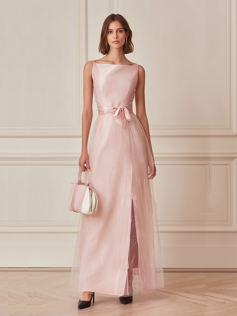 Women's Blush Pink Satin & Tulle Maxi Dress With Bow Waist & Side Slit, Timeless Elegant Bridesmaid Dress MDZ2784E7LYL