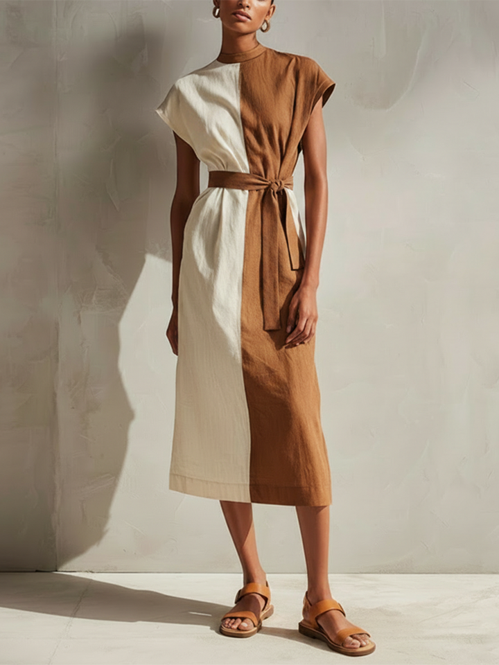 Women's Cotton-Linen Color-Block Midi Dress With Round Neck And Cap Sleeves MDZ2728E1ZJW
