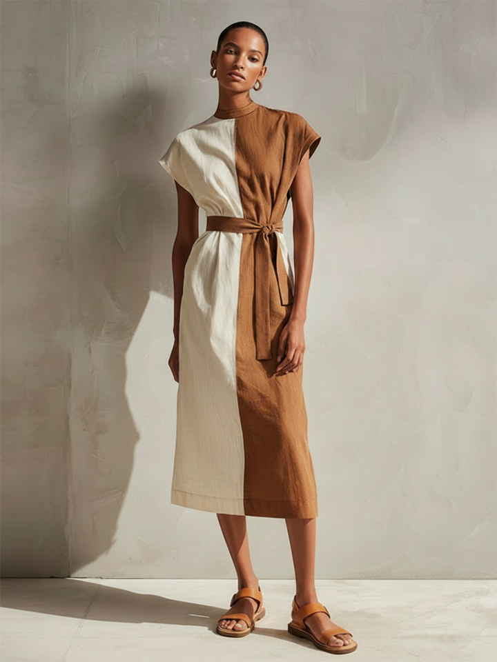 Women's Cotton-Linen Color-Block Midi Dress With Round Neck And Cap Sleeves MDZ2728E1ZJW