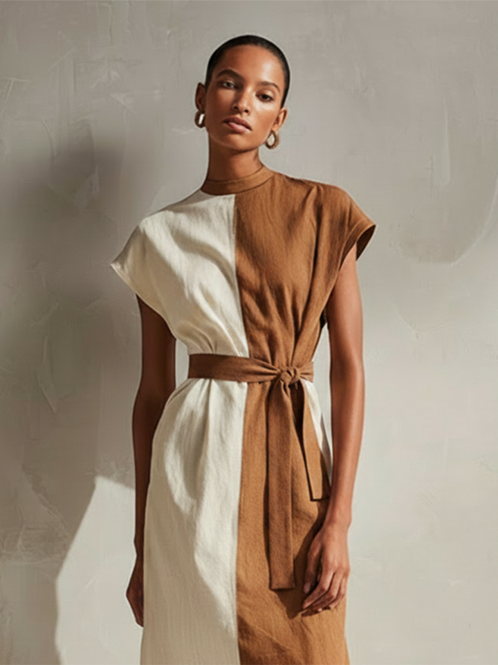 Women's Cotton-Linen Color-Block Midi Dress With Round Neck And Cap Sleeves MDZ2728E1ZJW