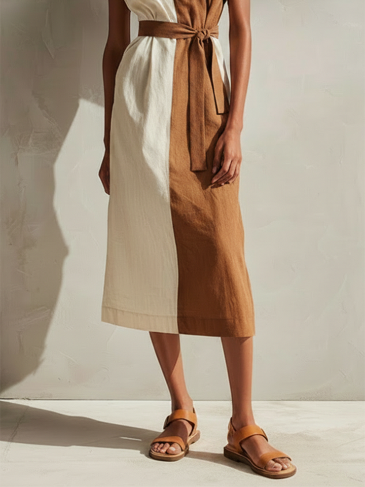 Women's Cotton-Linen Color-Block Midi Dress With Round Neck And Cap Sleeves MDZ2728E1ZJW