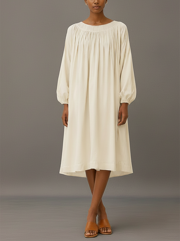 Women's Minimalist & Elegant Round-Neck Cotton-Linen Long-Sleeve Midi Dress MDZ2749E6ZJW