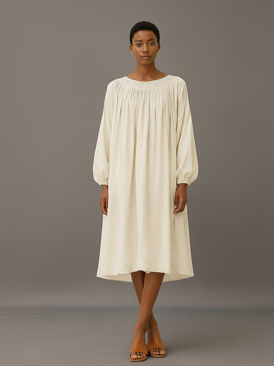 Women's Minimalist & Elegant Round-Neck Cotton-Linen Long-Sleeve Midi Dress MDZ2749E6ZJW