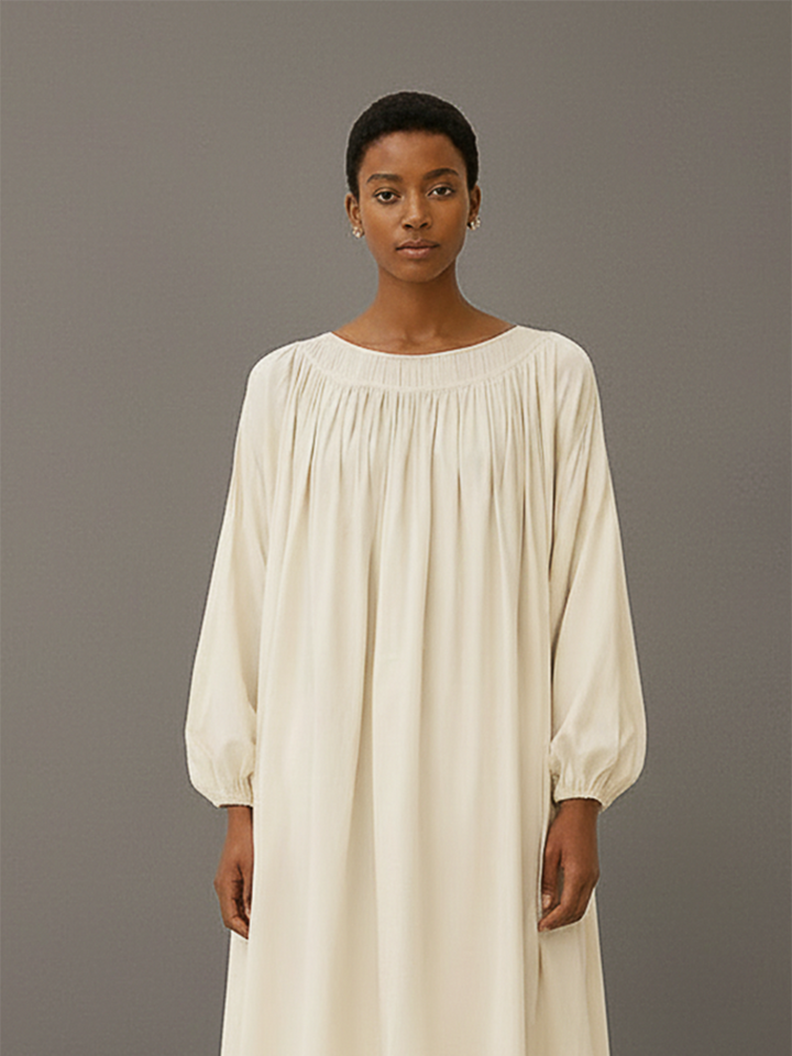 Women's Minimalist & Elegant Round-Neck Cotton-Linen Long-Sleeve Midi Dress MDZ2749E6ZJW