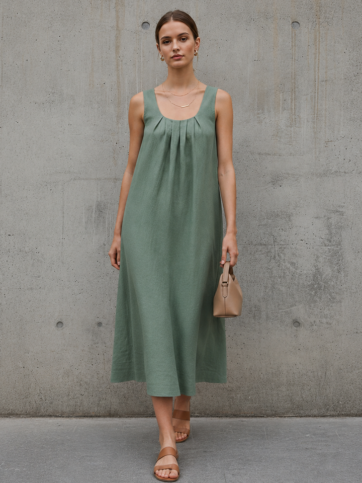 Women's Minimalist Moss Green Linen-Cotton Square Neck Pleated Sleeveless Straight Midi Dress MDZ2712E7GMJ