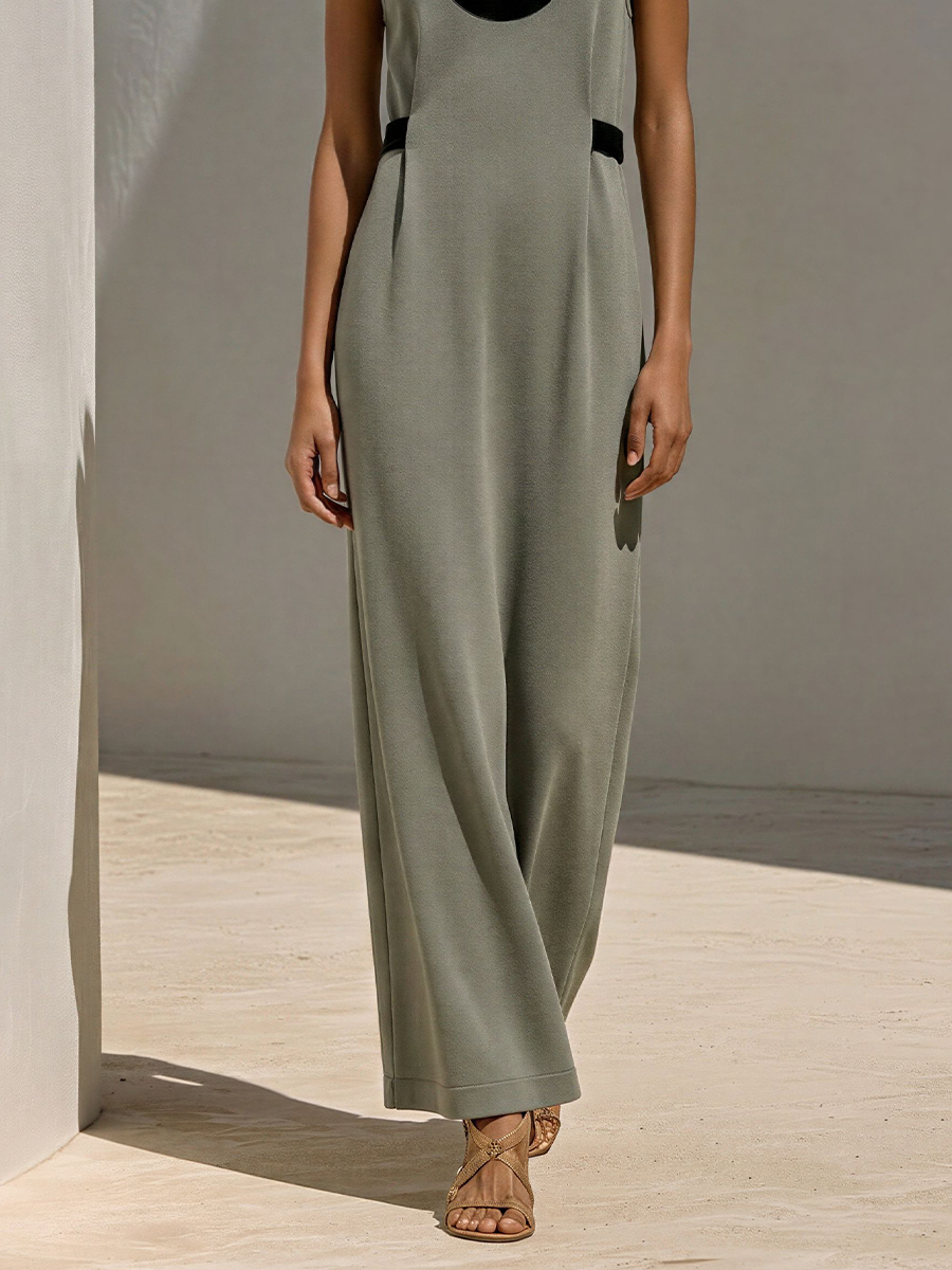 Women's Dusty Green Bodycon Knit Maxi Dress With Contrast Trim & Deep U-Neck, Contemporary Versatile Formal Dress MDZ2956E5LYL