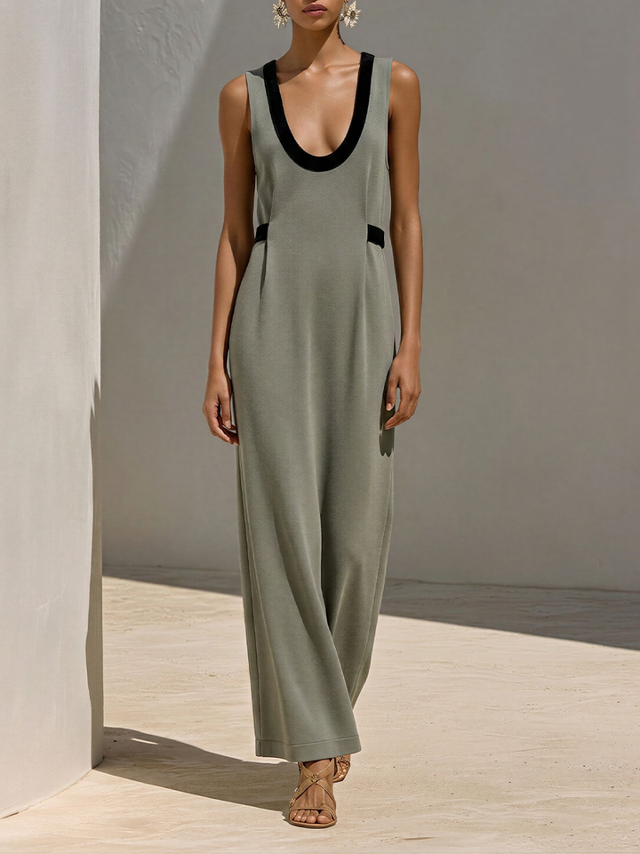 Women's Dusty Green Bodycon Knit Maxi Dress With Contrast Trim & Deep U-Neck, Contemporary Versatile Formal Dress MDZ2956E5LYL
