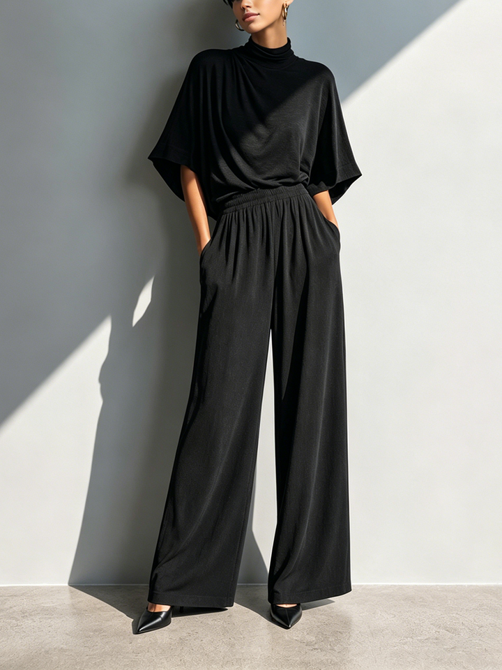Women's Minimalist Cotton-Blend Set: Half-Sleeve Cowl-Neck Top & Wide-Leg Trousers MDZ2965E3ZJW