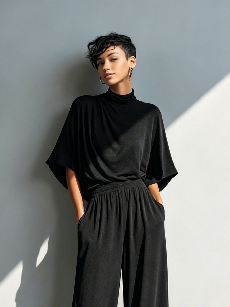 Women's Minimalist Cotton-Blend Set: Half-Sleeve Cowl-Neck Top & Wide-Leg Trousers MDZ2965E3ZJW