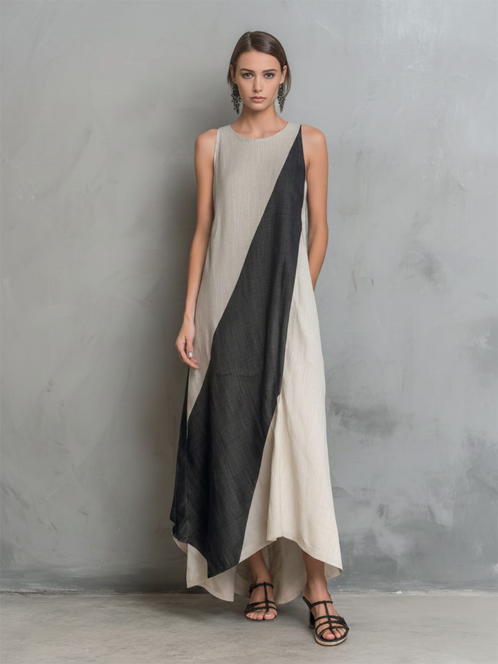 Women's Minimalist Cotton-Linen Color-Block Round-Neck Sleeveless Maxi Dress MDZ2909E4ZJW