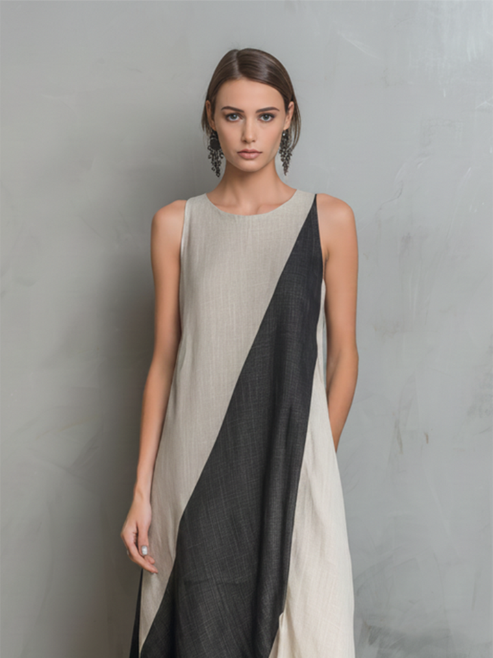 Women's Minimalist Cotton-Linen Color-Block Round-Neck Sleeveless Maxi Dress MDZ2909E4ZJW