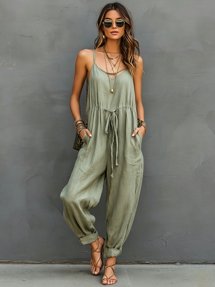 Women's Cotton-Linen V-Neck Sleeveless Jumpsuit With Spaghetti Straps MDZ2947E9ZJW