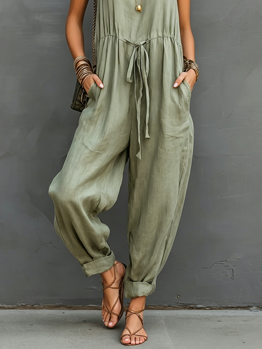 Women's Cotton-Linen V-Neck Sleeveless Jumpsuit With Spaghetti Straps MDZ2947E9ZJW