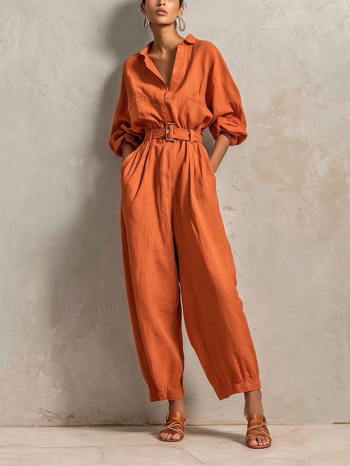 Women's Minimalist Cotton-Linen Jumpsuit With Belt — Wide-Leg Trousers And Mid-Length Sleeves MDZ2965E9ZJW