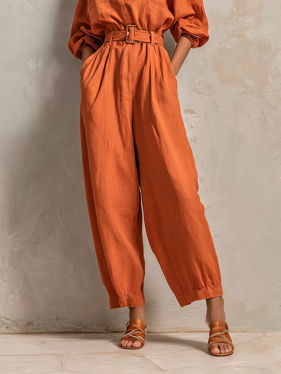 Women's Minimalist Cotton-Linen Jumpsuit With Belt — Wide-Leg Trousers And Mid-Length Sleeves MDZ2965E9ZJW