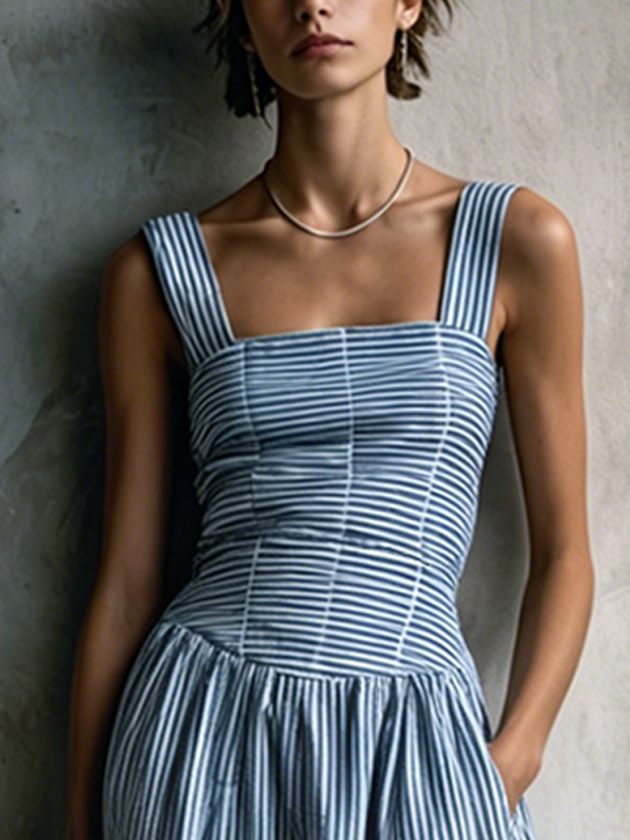 Women's Vacation Blue And White Striped Cotton Blend Square Neck Smocked Waist-Tailored Cami Maxi Dress MDZ2952E2GMJ