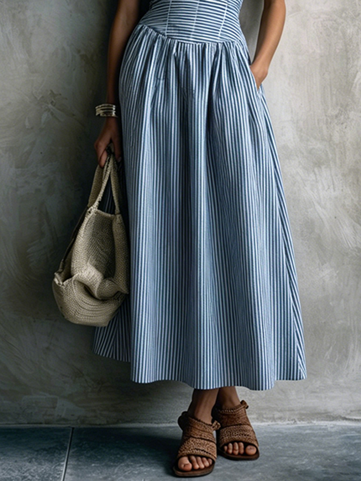 Women's Vacation Blue And White Striped Cotton Blend Square Neck Smocked Waist-Tailored Cami Maxi Dress MDZ2952E2GMJ