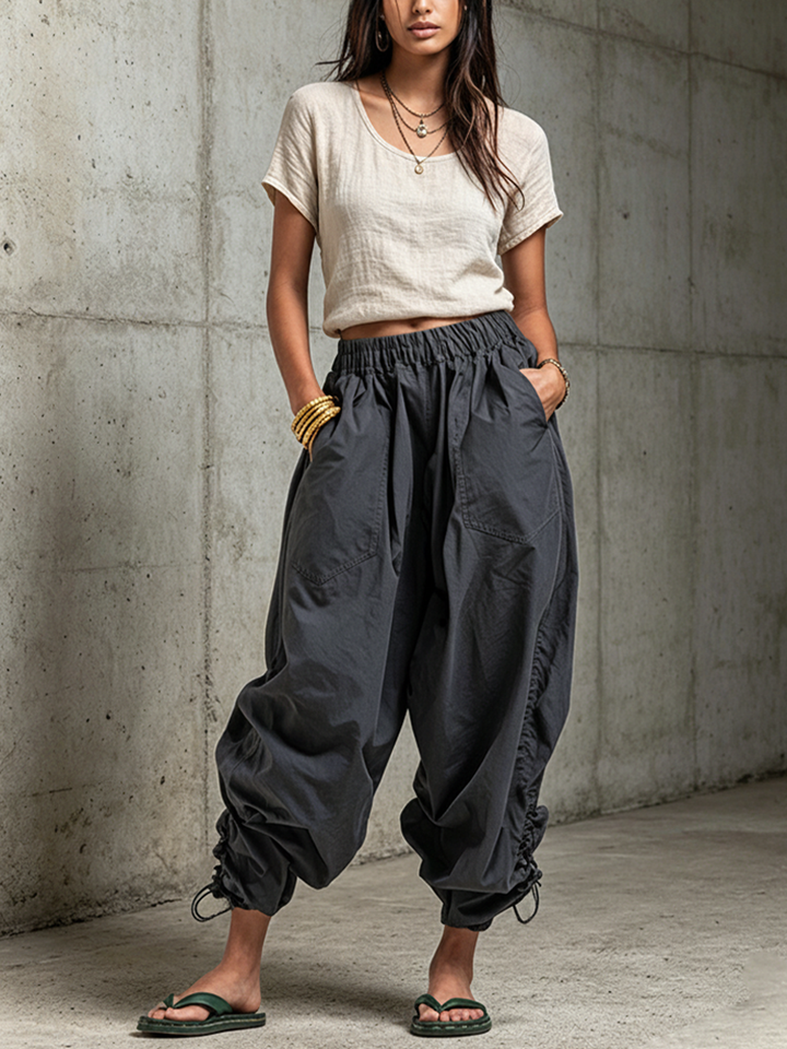 Women's Casual Style Dark Gray Cotton Blend Elastic Waist Drawstring Cargo Pants MDZ2945E5GMJ