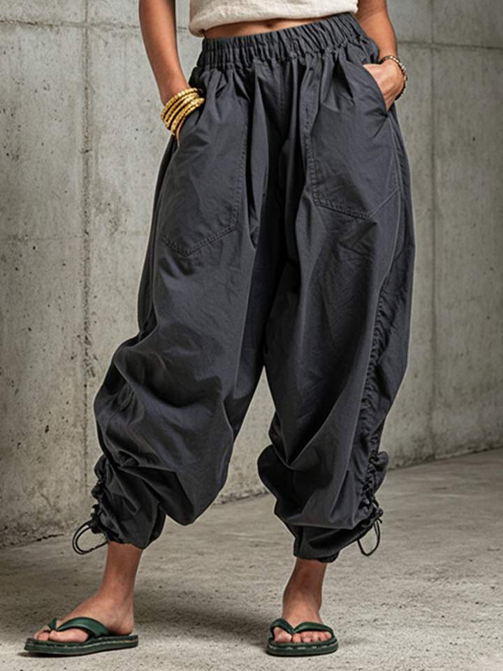 Women's Casual Style Dark Gray Cotton Blend Elastic Waist Drawstring Cargo Pants MDZ2945E5GMJ