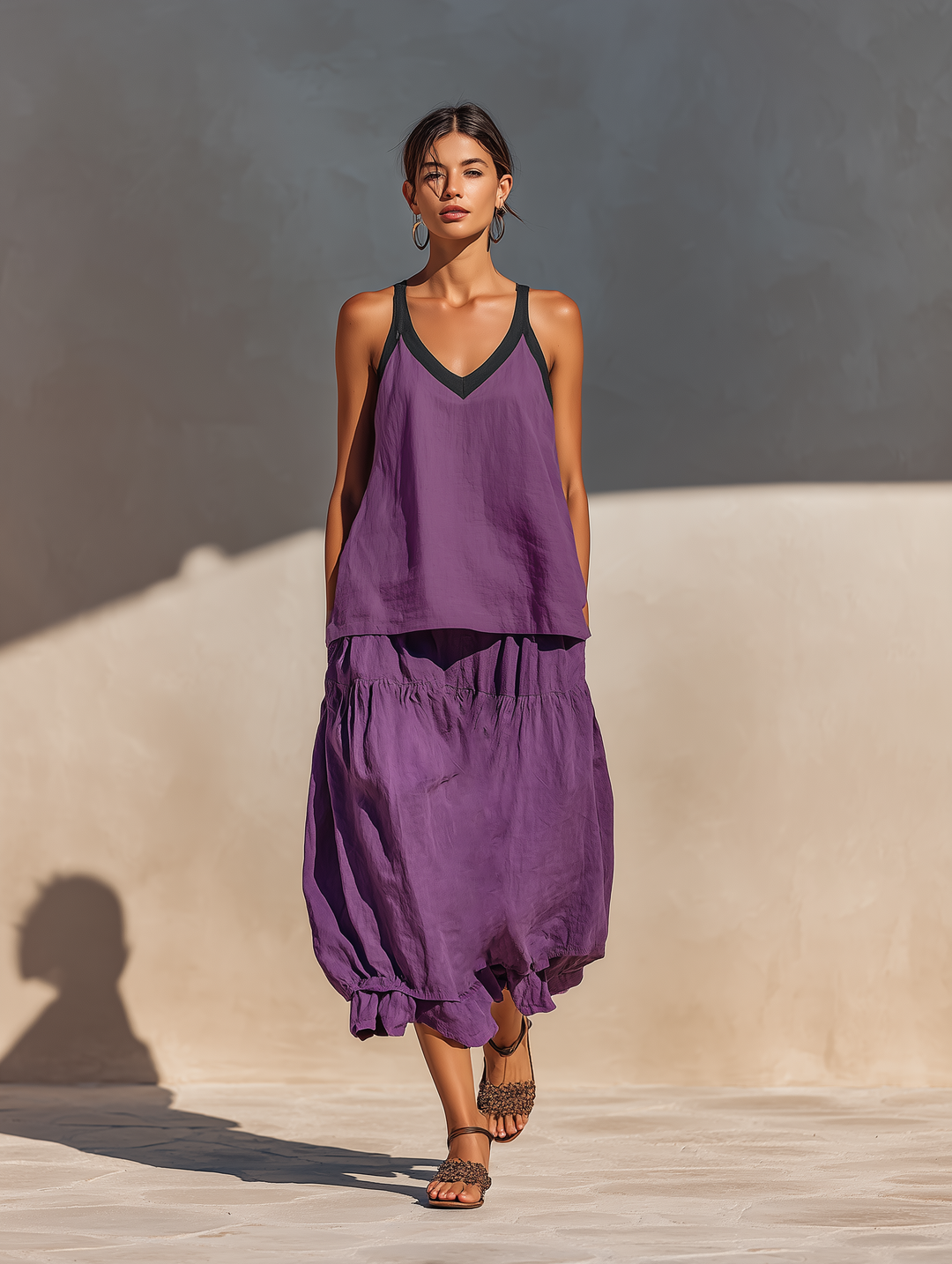 Women’s Purple Cotton-Linen Blend Sleeveless Tank Top & Tiered Bubble Hem Maxi Skirt Two-Piece Set MDZ0111F0T