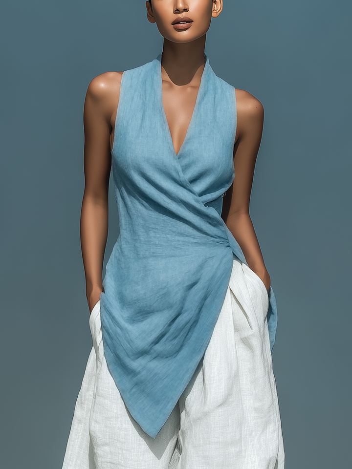 Women’s Blue Linen-Blend Halter Wrap-Front Asymmetrical Top MDZ0191F7T