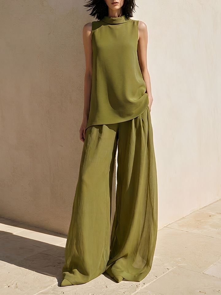 Women's Olive Green Chiffon Two-Piece Set With High-Neck Sleeveless Top & Sheer Wide Leg Pants, Timeless Minimalist Casual Outfit MDZ0143F3LYL