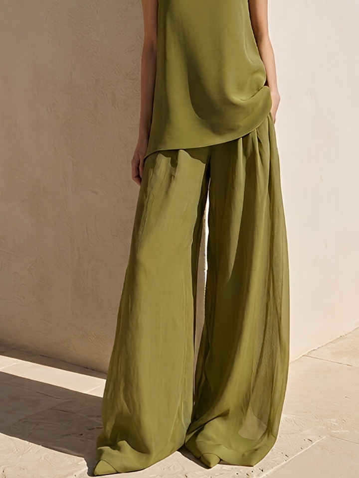 Women's Olive Green Chiffon Two-Piece Set With High-Neck Sleeveless Top & Sheer Wide Leg Pants, Timeless Minimalist Casual Outfit MDZ0143F3LYL