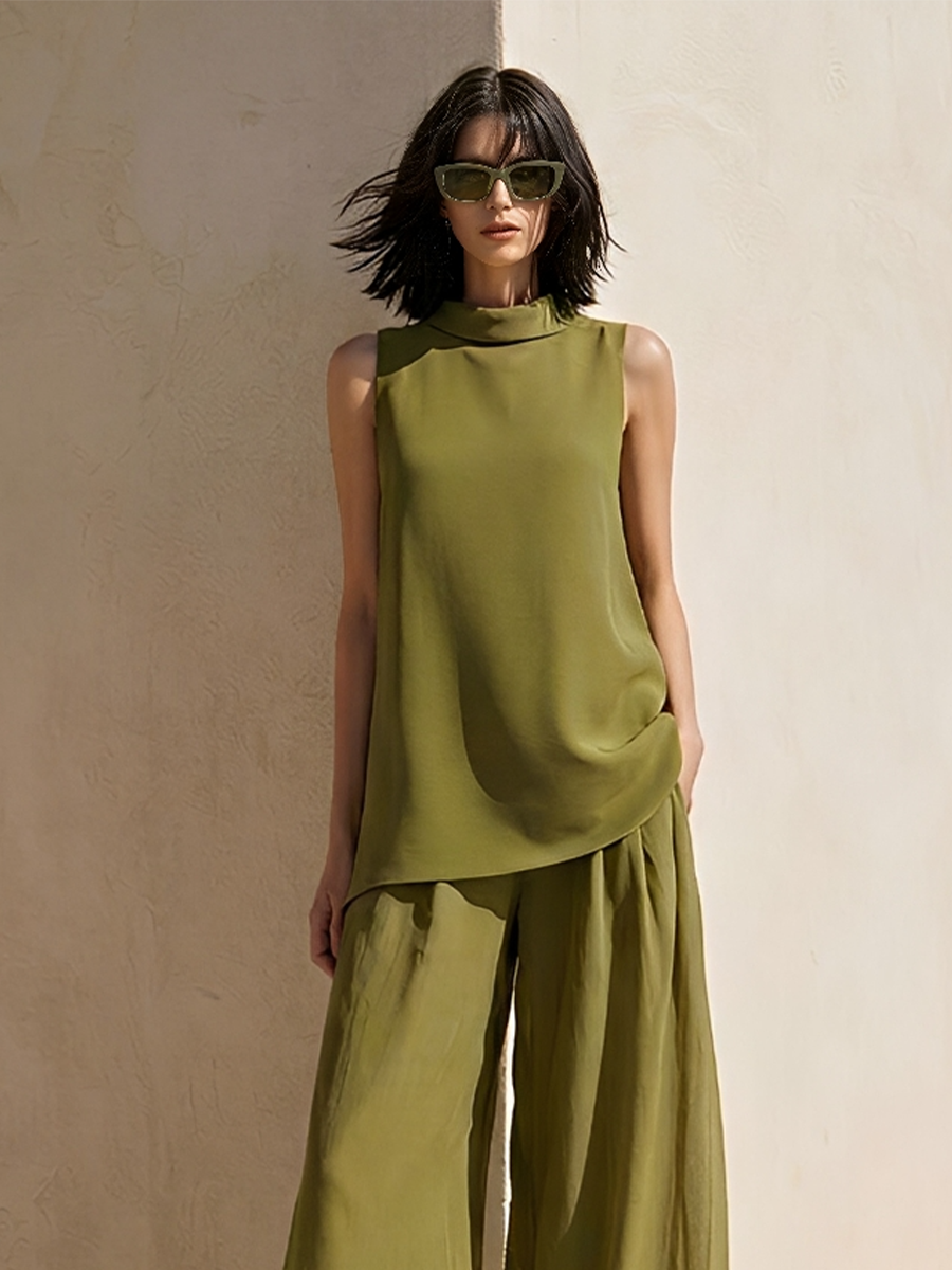 Women's Olive Green Chiffon Two-Piece Set With High-Neck Sleeveless Top & Sheer Wide Leg Pants, Timeless Minimalist Casual Outfit MDZ0143F3LYL