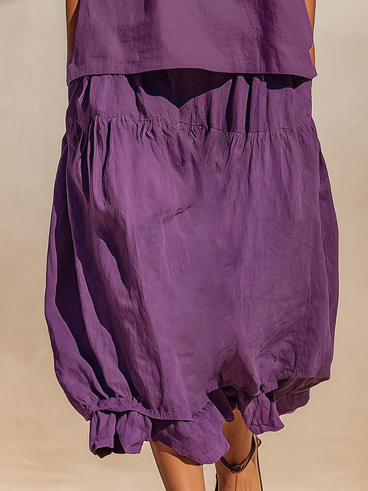 Women’s Purple Cotton-Linen Blend Sleeveless Tank Top & Tiered Bubble Hem Maxi Skirt Two-Piece Set MDZ0111F0T
