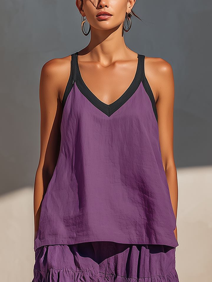 Women’s Purple Cotton-Linen Blend Sleeveless Tank Top & Tiered Bubble Hem Maxi Skirt Two-Piece Set MDZ0111F0T