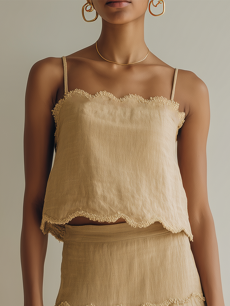 Women’s Beige Scalloped-Trim Linen-Blend Cami Top & Tiered Maxi Skirt Two-Piece Set MDZ0172F9T