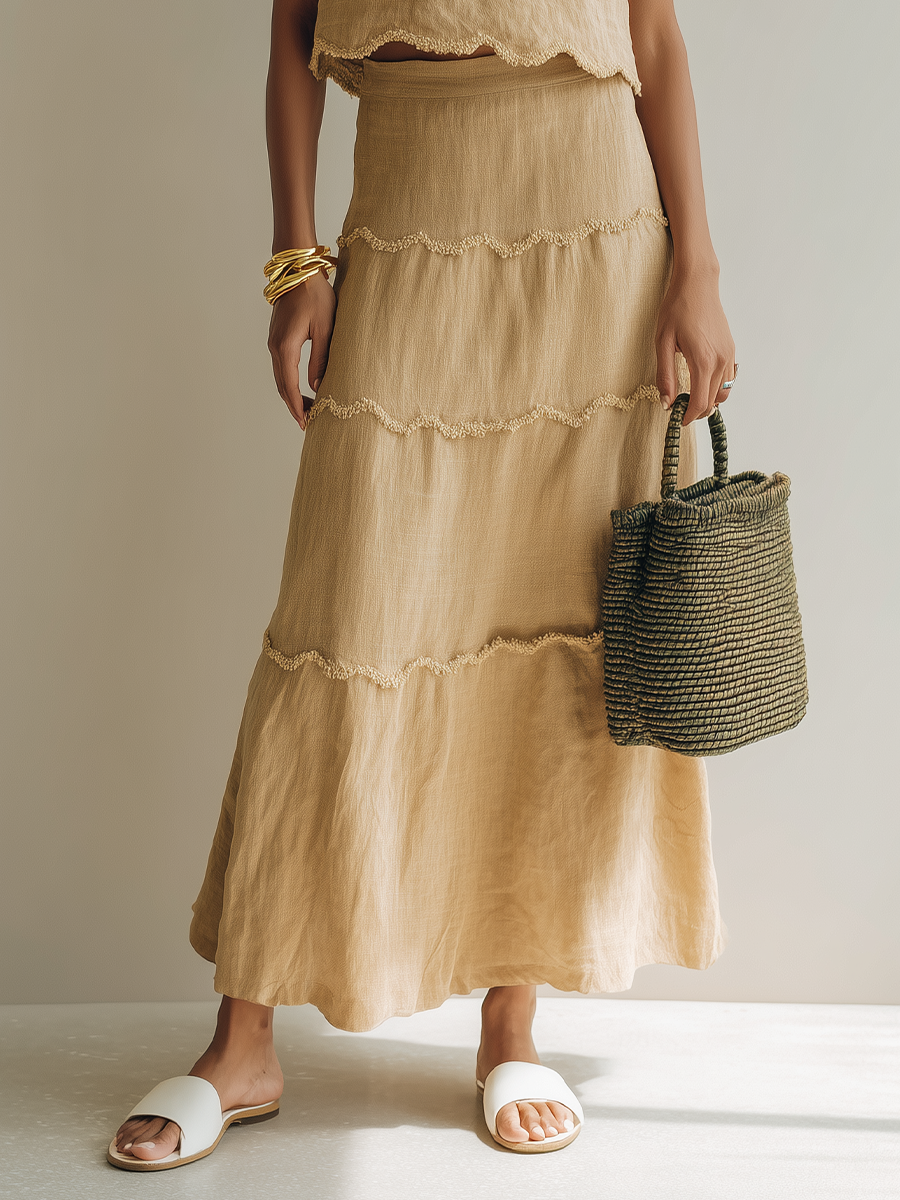 Women’s Beige Scalloped-Trim Linen-Blend Cami Top & Tiered Maxi Skirt Two-Piece Set MDZ0172F9T