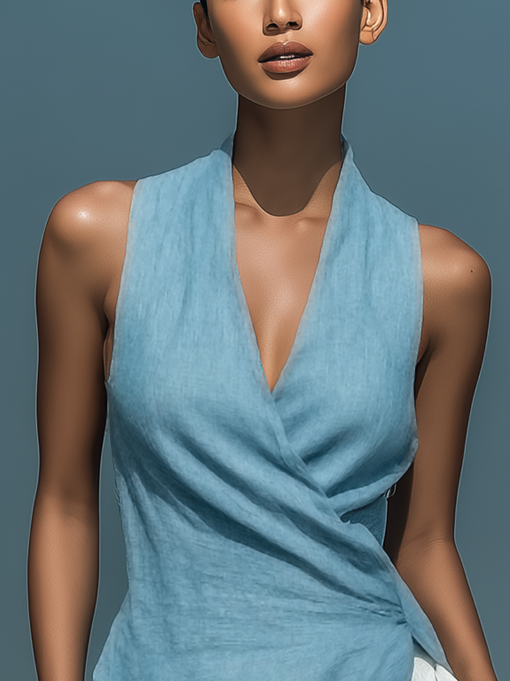 Women’s Blue Linen-Blend Halter Wrap-Front Asymmetrical Top MDZ0191F7T