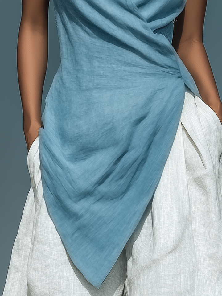 Women’s Blue Linen-Blend Halter Wrap-Front Asymmetrical Top MDZ0191F7T