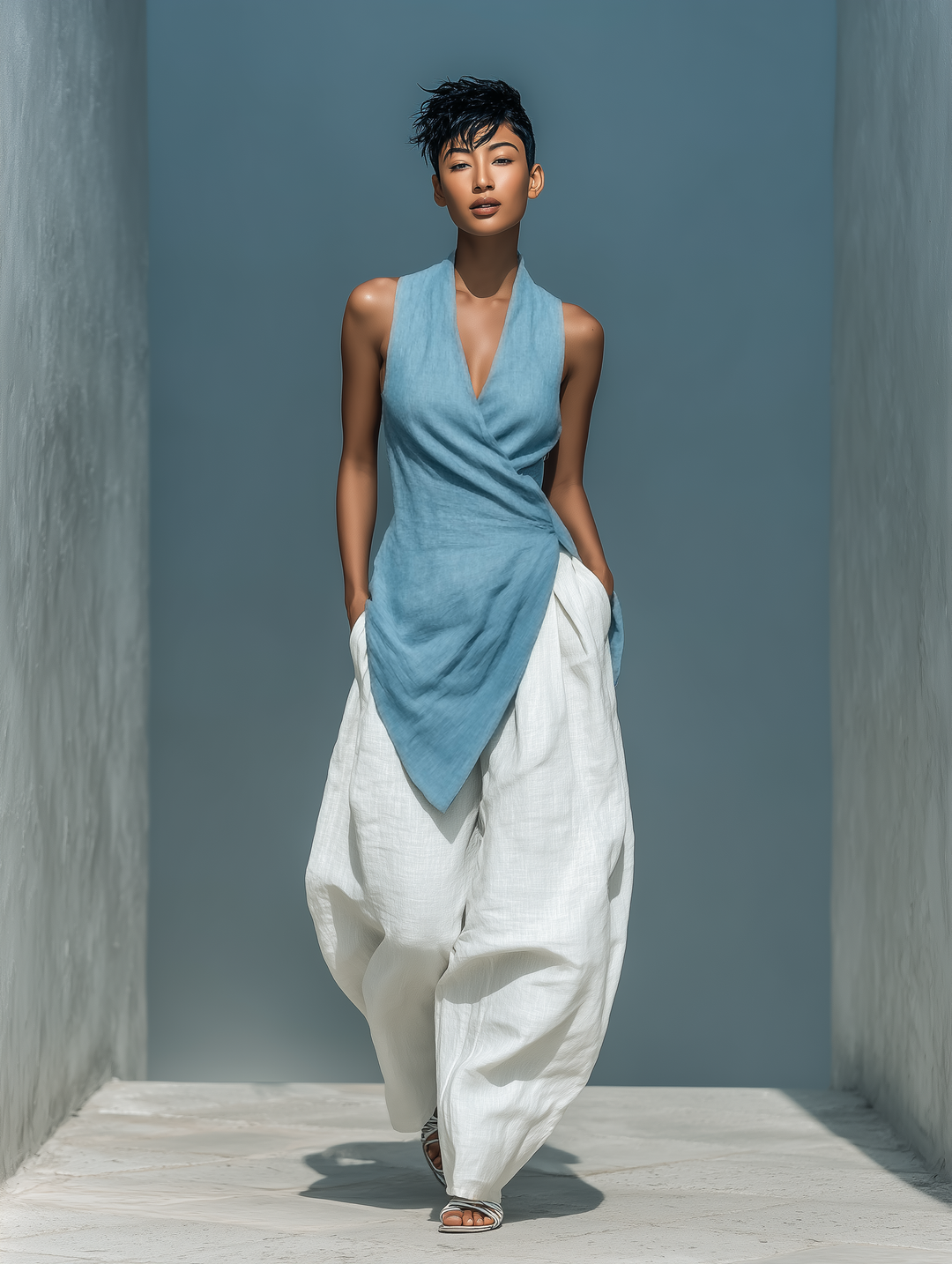 Women’s Blue Linen-Blend Halter Wrap-Front Asymmetrical Top MDZ0191F7T