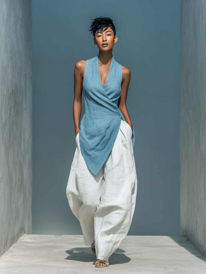 Women’s Blue Linen-Blend Halter Wrap-Front Asymmetrical Top MDZ0191F7T