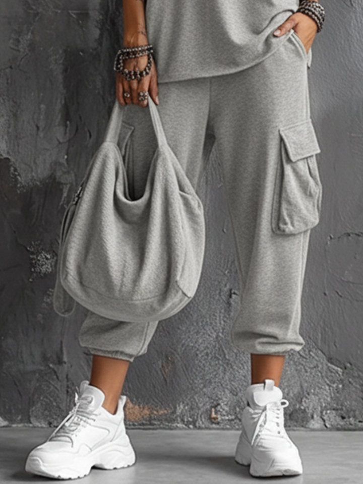Women's Casual Style Dark Gray Cotton Blend Sleeveless Top + Jogger Cargo Pants Set MDZ2365D7GMJ
