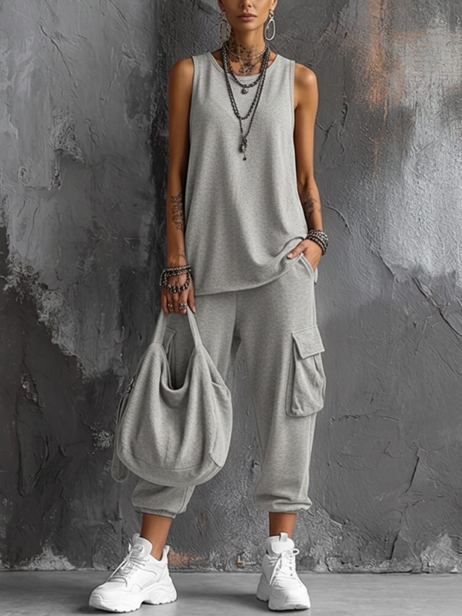 Women's Casual Style Dark Gray Cotton Blend Sleeveless Top + Jogger Cargo Pants Set MDZ2365D7GMJ