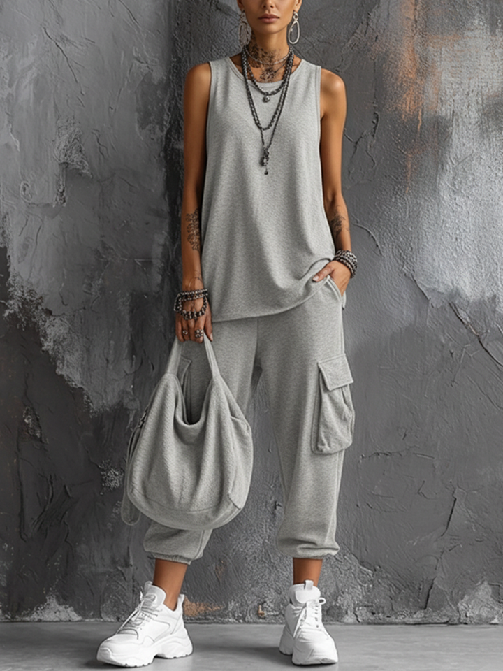 Women's Casual Style Dark Gray Cotton Blend Sleeveless Top + Jogger Cargo Pants Set MDZ2365D7GMJ