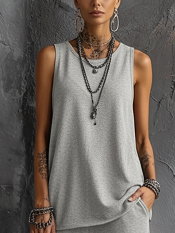 Women's Casual Style Dark Gray Cotton Blend Sleeveless Top + Jogger Cargo Pants Set MDZ2365D7GMJ