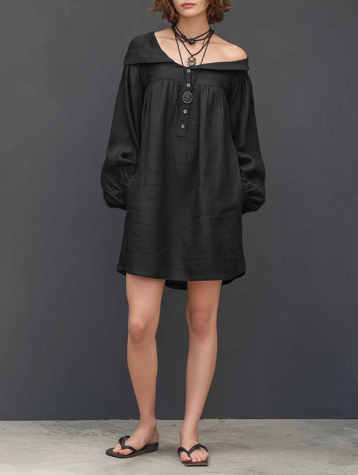 Women's Minimalist Linen-Blend Long-Sleeve Mini Dress With Asymmetrical Neckline MDZ0187F9Y